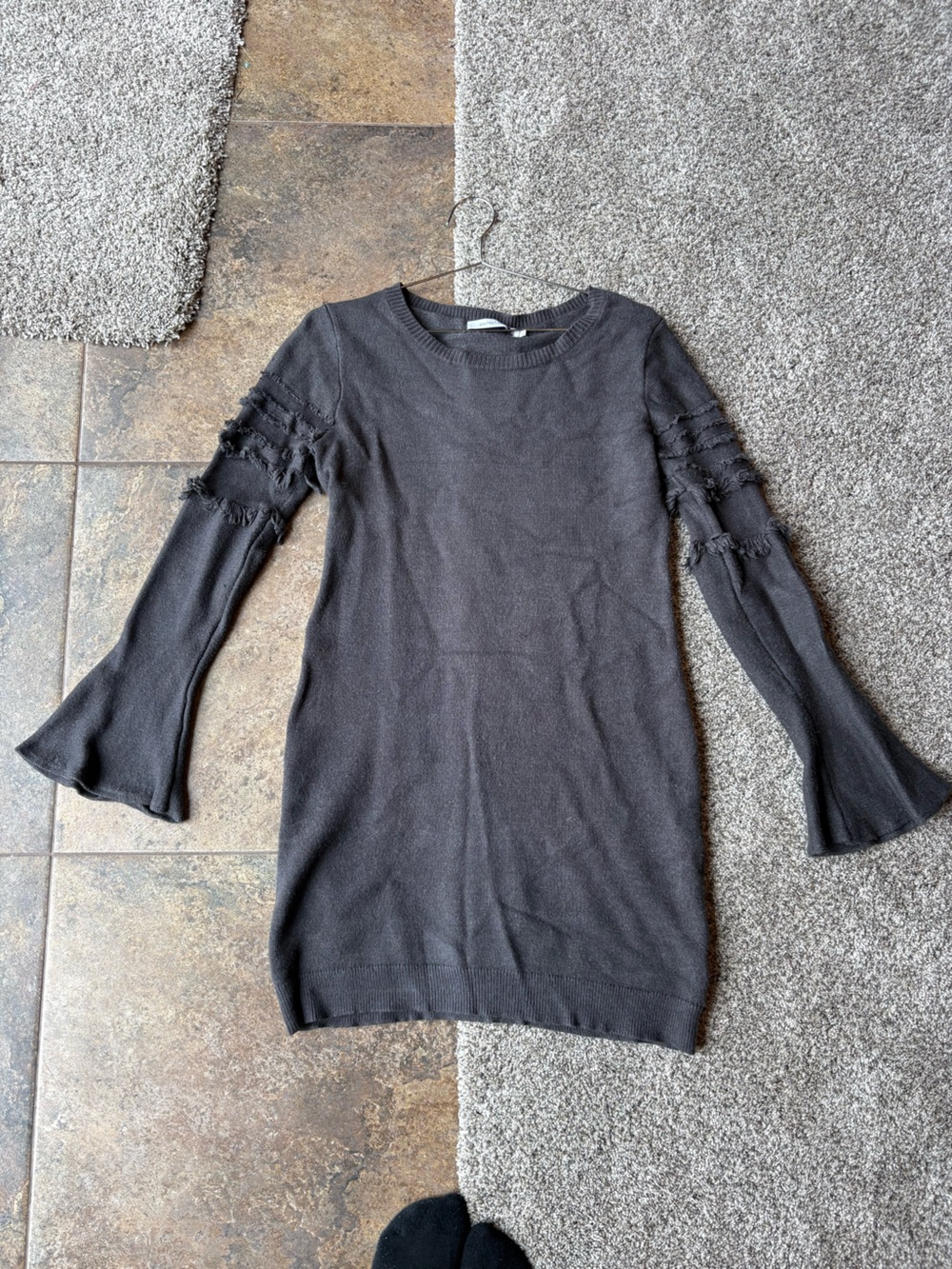 Black Long-Sleeve Bell-Sleeve Knit Dress with Fringe Sleeve Detail